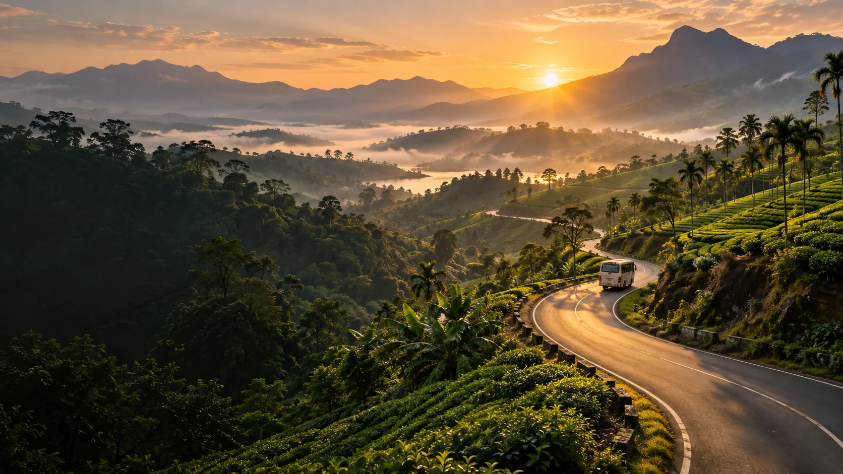Illustrated South Indian road journey through green hills